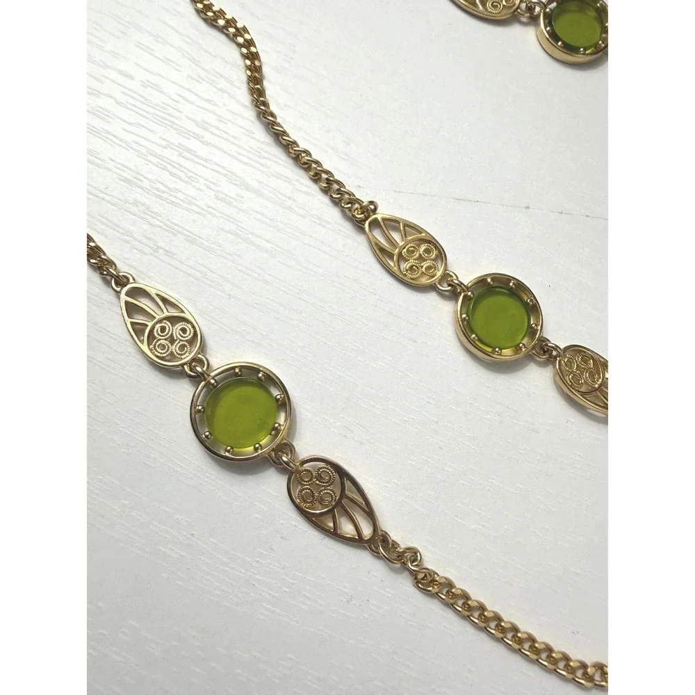 Vintage Necklace Long Opera Green Gold Tone Filigree 52